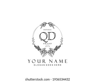 Monograma inicial de belleza QD y diseño elegante de logotipo, logotipo de escritura a mano de firma inicial, boda, moda, floral y botánica con plantilla creativa.