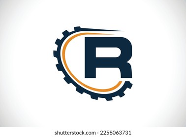Initial R alphabet with a gear. Gear engineer logo design. Logo for automotive, mechanical, technology, setting, repair business, and company identity