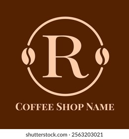 Initial R Cafe brown colour. Coffee bean logo letter R design vector template. Coffee shop bussiness logotype vector illustration. Emblem logo for cafe