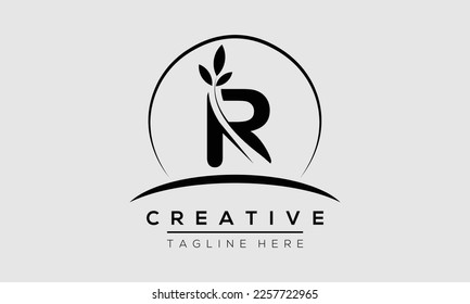 diseño inicial del logotipo de la letra R con hoja. Plantilla vectorial de icono del logotipo R.