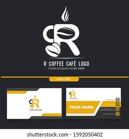 Initial R Coffee Cafe Equipment Simple and Minimalist Logo Template with a Pack of Business Card Application on Black Background