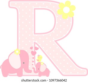 initial r with cute elephant and little baby elephant isolated on white. can be used for mother's day card, baby girl birth announcements, nursery decoration, party theme or birthday invitation