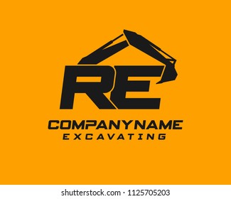 Initial R E excavator logo concept vector with arm excavator template vector.