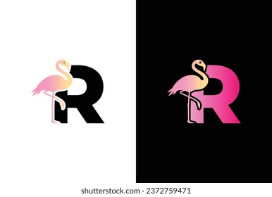 Initial R Flamingo bird logo. Flamingo bird icon with letter R Logo design vector template.
