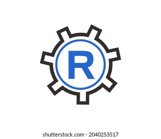Plantilla de diseño de logotipo de la letra R inicial. Logotipo del ingeniero de artes R. Logotipo del engranaje en la letra R