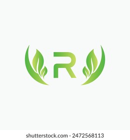 Initial R Green Letter and Leaf for Modern Beauty Nature Cosmetic, Vegan, Environmental, Nutrition Consultant Service Company Logo Idea

