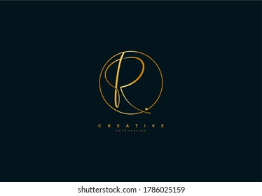 Initial R Inside Simple Shape Circle Signature Golden Color Logotype