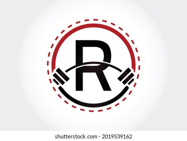 Initial R Letter alphabet with a barbell. Lifting vector logo design. Modern vector logo for bodybuilding, gym, fitness, and company identity