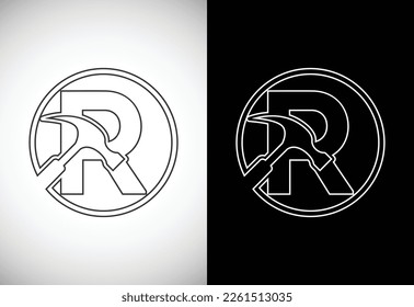 Initial R letter alphabet with a Hammer. Repair, renovation, and construction logo. Line art style logo