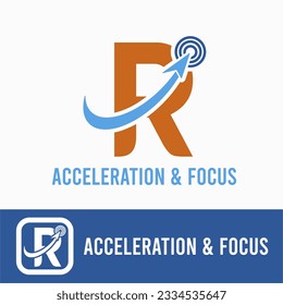 Initial R Letter with arrow upward and focus for accelerated, acceleration, technology company logo idea