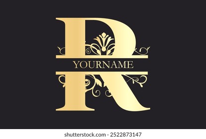 Initial R letter, floral Split Letter Monogram,luxury Wedding invitation Monogram Design,gold color on black background