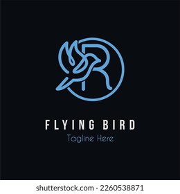 Initial R Letter and Flying Blue Bird Restaurant, Cafe, Digital, Technology Business Logo Idea Template