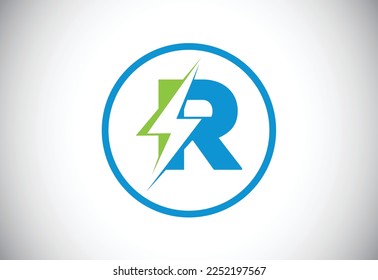 Initial R letter logo design with lighting thunder bolt. Electric bolt letter logo vector 