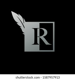 Initial  R Letter Logo icon Square  Feather. Vintage design concept  geometric square  feather element and outline letter logo icon for corporate, lawyer, notary, firm and more brand identity.