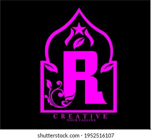 Initial R letter  luxury beauty flourishes ornament purple monogram. ramadan theme logo