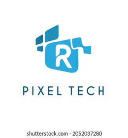 Carta inicial R con píxeles para tecnología de base de datos multimedia Información y concepto de diseño de logotipos empresariales de Internet