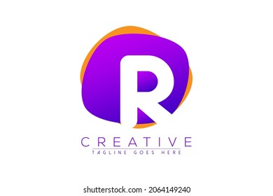 Initial r, letter r vector logo icon with purple and orange geometric shapes in the back