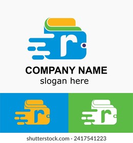 Letra inicial r con aceleración de cartera y velocidad, Idea de logotipo simple de pago rápido en línea. Concepto de vector de cartera digital	