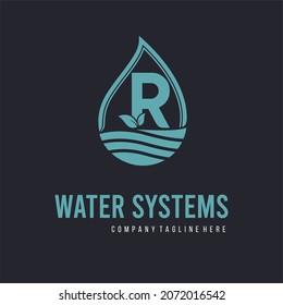 Initial R Letter  with water drop and leaf for water drainage, sanitation, purified, repair, cleanup, maintenance water system service company logo vector idea