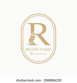 Initial R Letter with Wheat Grain for Bakery, Bread, Cake, Cafe, Pastry, Healthy Food, Cafetarian, Home Industries Business Logo Vector Idea 