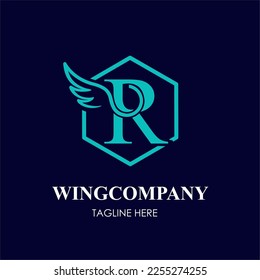 Initial R Letter with Wing Bird in Line Art Style Logo Idea Template