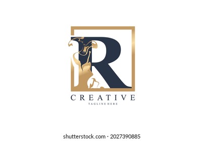 Initial R Linked Artistic Marble Paint Gold Square Logo