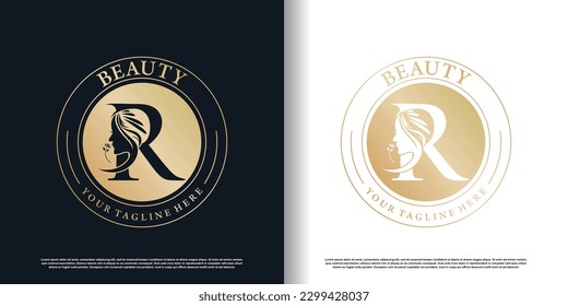 initial r logo design with beauty women icon and creative concept premium vector