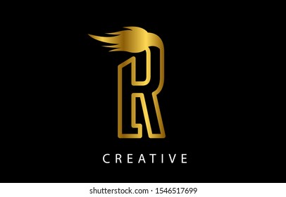 Initial R Logo Icon Design With Gold Fire Flame. Creative Look Vector Illustration in Gold Colors