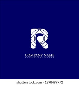 initial R logo letter with abstract circle lines pattern symbol design concept in blue background color