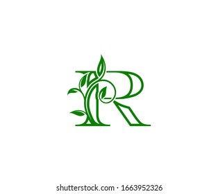 Initial R Logo. R Letter Design Vector with Green Color and Floral Hand Drawn Green Leaves.