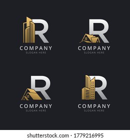 Logotipo inicial R con elementos inmobiliarios en color oro y plata