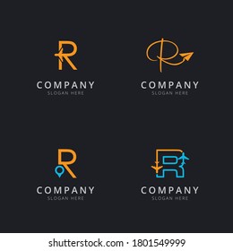 Initial R logo with travel elements in orange and blue color