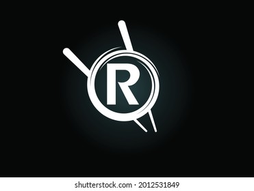 Initial R monogram alphabet in the abstract circle with Chopstick. Abstract Asian sushi bar emblem. Logo for Japanese sushi seafood business and company identity