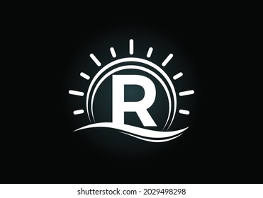 Initial R monogram alphabet with abstract sun and wave. Ocean sun logo design. Font emblem. Modern vector logo for a business, and company identity