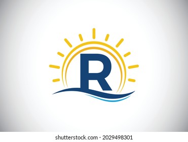 Initial R monogram alphabet with abstract sun and wave. Ocean sun logo design. Font emblem. Modern vector logo for a business, and company identity