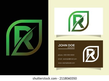 Alfabeto monograma R inicial con hoja abstracta. Concepto de logotipo ecológico. emblema de letra