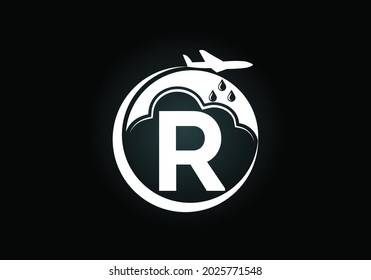 Initial R monogram alphabet with an airplane and cloud. Artificial rainmaking. Cloud seeding logo. Modern vector logo for the business, and company identity