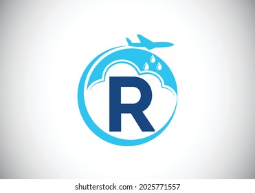 Initial R monogram alphabet with an airplane and cloud. Artificial rainmaking. Cloud seeding logo. Modern vector logo for the business, and company identity