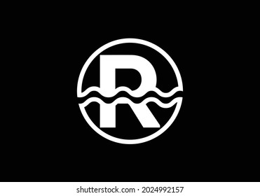 Initial R monogram alphabet in a circle with water waves. Water wave logo design. Logo for the ocean, sea-related business, and company identity