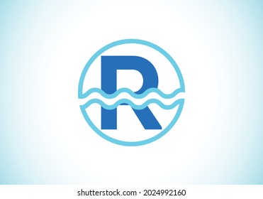 Initial R monogram alphabet in a circle with water waves. Water wave logo design. Logo for the ocean, sea-related business, and company identity