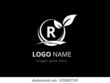 Initial R monogram alphabet with circle leaf and swoosh. Eco-friendly black logo concept