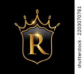 Initial R monogram alphabet with a crown and shield. Royal King queen luxury symbol vector illustration