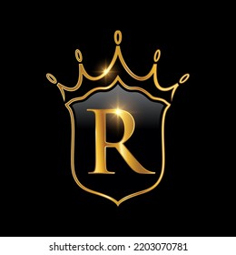 Initial R monogram alphabet with a crown and shield. Royal King queen luxury symbol vector illustration