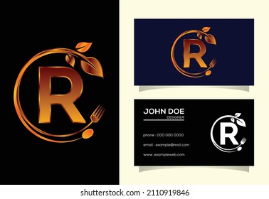 Initial R monogram alphabet with a fork, spoon, and leaf. Healthy natural food logo. Logo for cafe