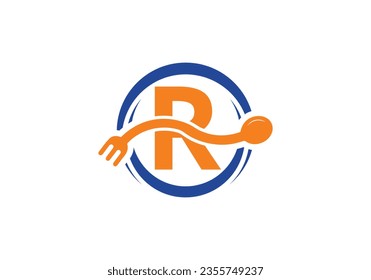 Initial R monogram alphabet with a fork, spoon, logo. Café Icon, Restaurant, Cooking Business Vector