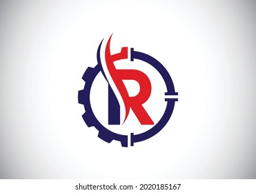 Initial R Monogram Alphabet With Gear Pipe And Flame. Oil And Gas Logo Concept. Font Emblem. Modern Vector Logo For Petroleum Business And Company Identity