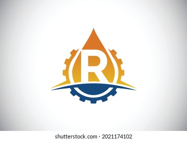 Alfabeto monocasco inicial R con oscilación de engranajes y aceite. Concepto del logotipo del petróleo y el gas. emblema de letra. Logo vectorial moderno para negocios petroleros e identidad de la empresa