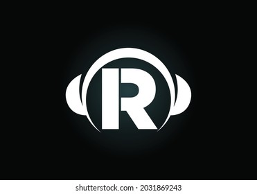 Alfabeto inicial de monograma R con auriculares. Logotipo de auriculares. Símbolo de signo musical. emblema de letra. Elemento de diseño para afiches, pancartas, camisetas, portada para portátiles, pegatinas, tarjeta de felicitación, bolso, insignia.