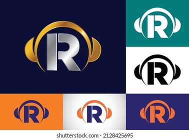 Initial R monogram alphabet with a headphone. Headphone Logo. Music sign symbol. Font emblem.