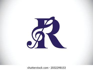 Initial R monogram alphabet with a musical note. Symphony or melody signs. Musical sign symbol. Font emblem. Modern vector logo design template.